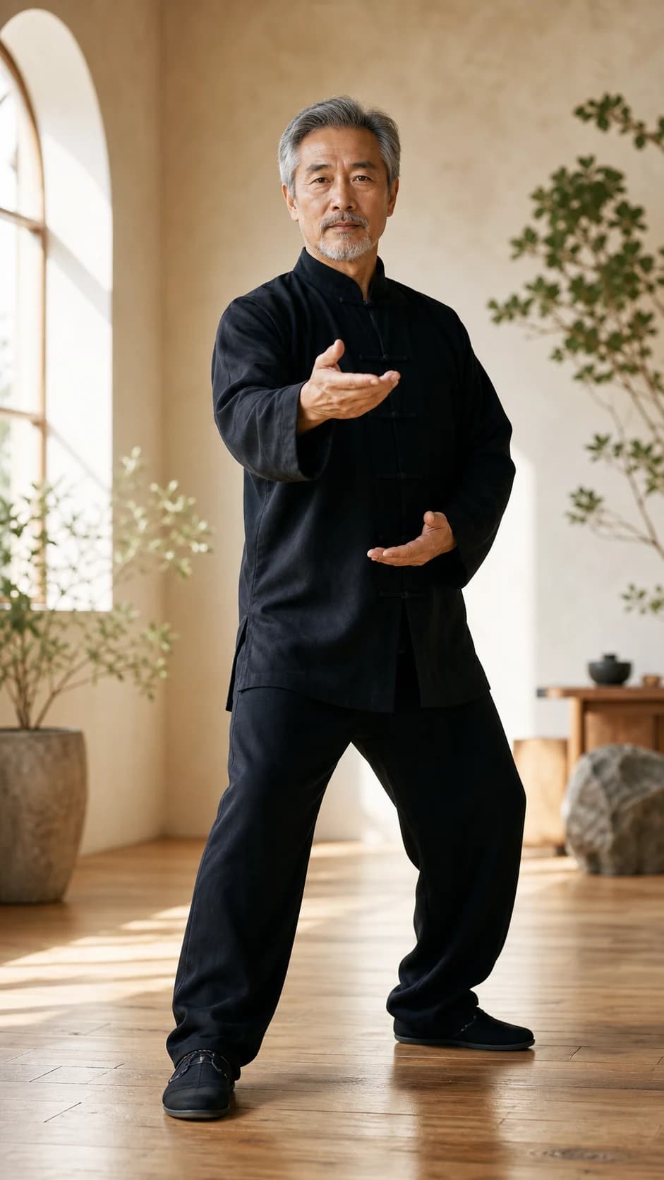 A Tai Chi teacher demonstrating a calm standing movement