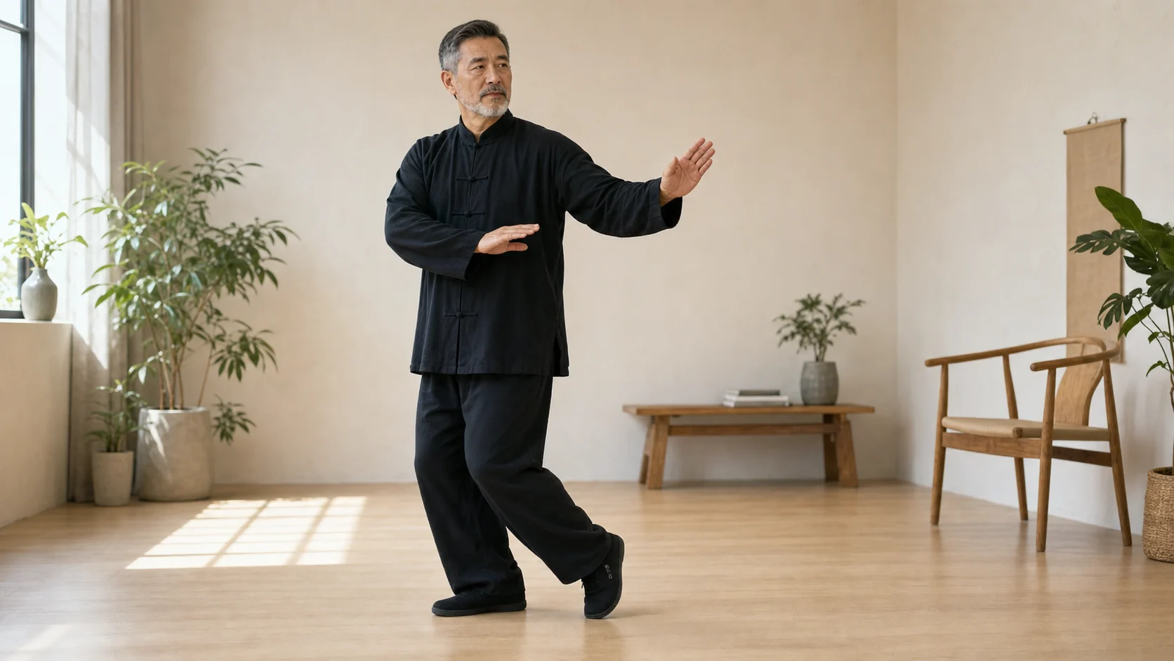 A Tai Chi teacher practicing a slow walking step in a bright studio