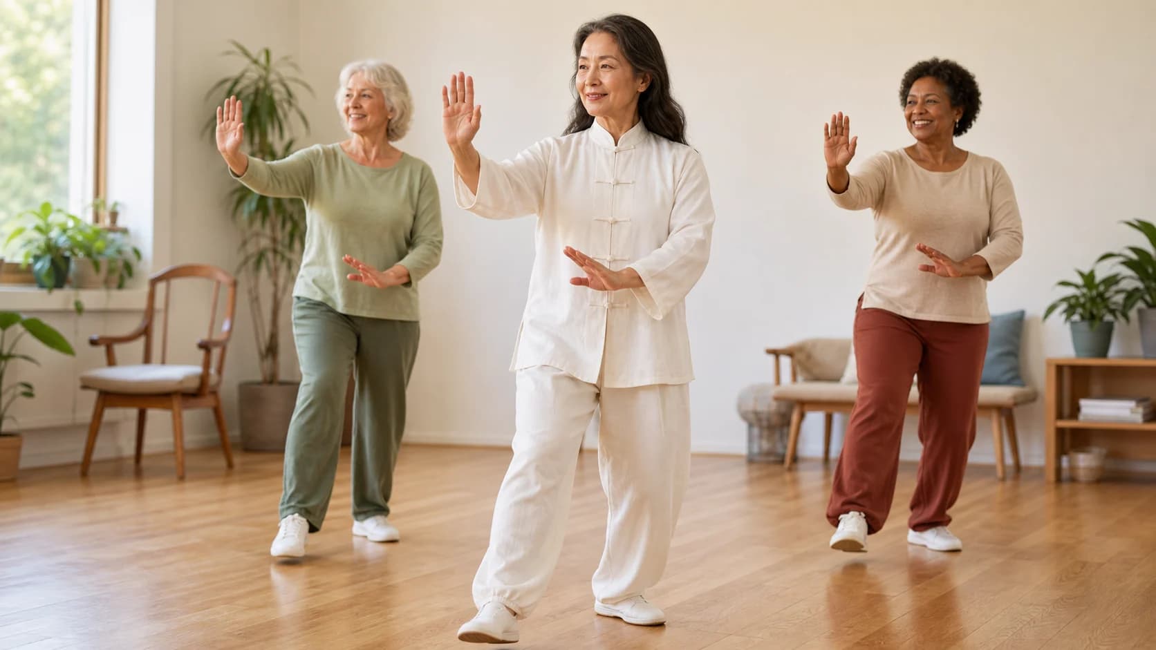 Women practicing gentle Tai Chi walking in a calm studio